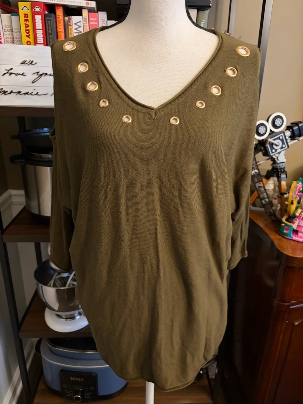 Westport Olive Green Eyelet V-Neck Top